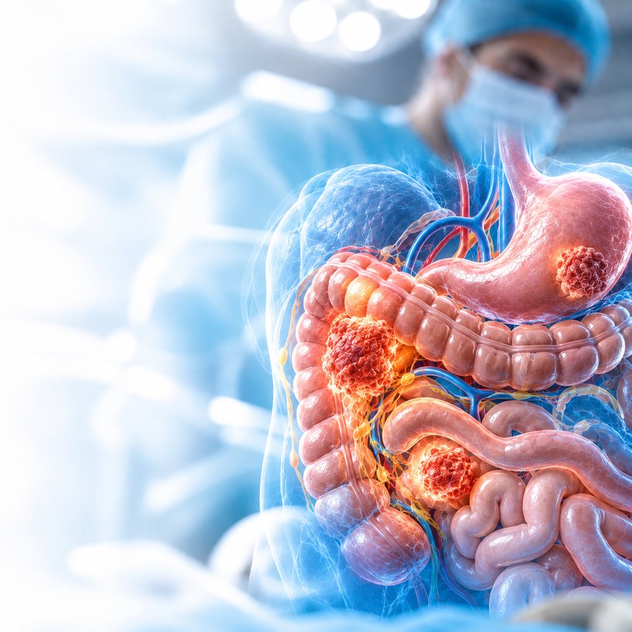 Ilustración de estómago e intestinos con tumores resaltados
